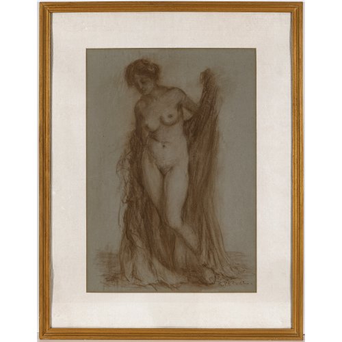 Petuel, Rudolf. Stehender Mädchenakt. Rötelzeichnung. 57 x 40 cm. Sign.