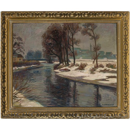 Dieninghoff, Wilhelm. An der Amper, mit Blick auf Dachau. Öl/Karton. 48 x 58,5 cm. Sign.