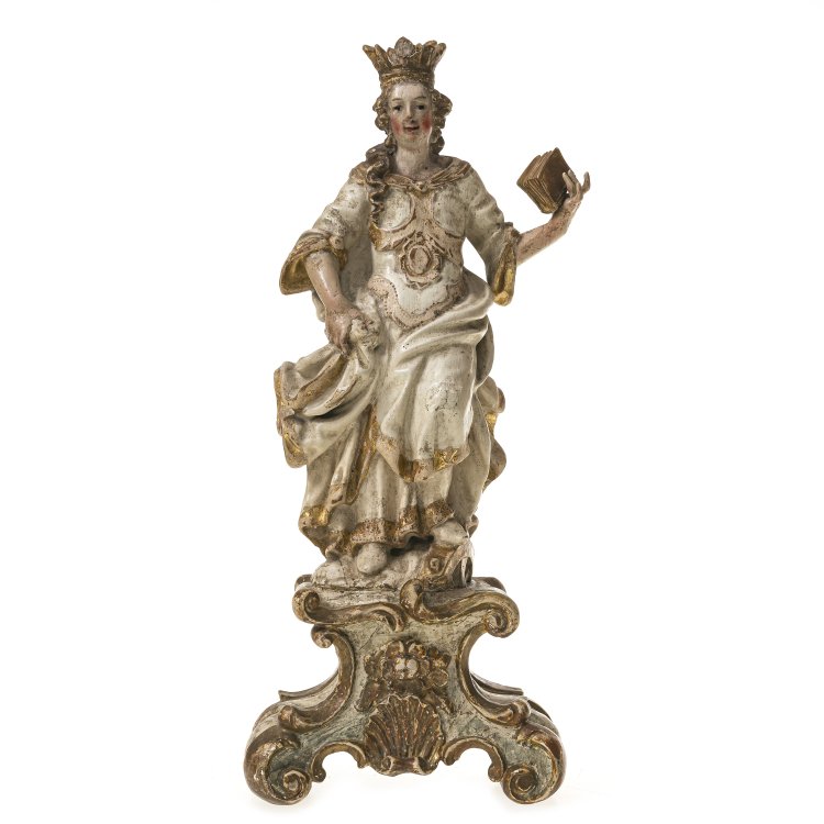 Salzburg, um 1750. Katharina von Alexandrien auf Rocaillesockel. Holz, geschnitzt. Rücks. summarisch gearbeitet. Reste der alten Farbfassung. Best.,  Alterungsspuren. H. ca. 34,5 cm. Hauptbild zu Objekt, Salzburg, um 1750. Katharina von Alexandrien auf Rocaillesockel. Holz, geschnitzt. Rücks. summarisch gearbeitet. Reste der alten Farbfassung. Best.,  Alterungsspuren. H. ca. 34,5 cm.,