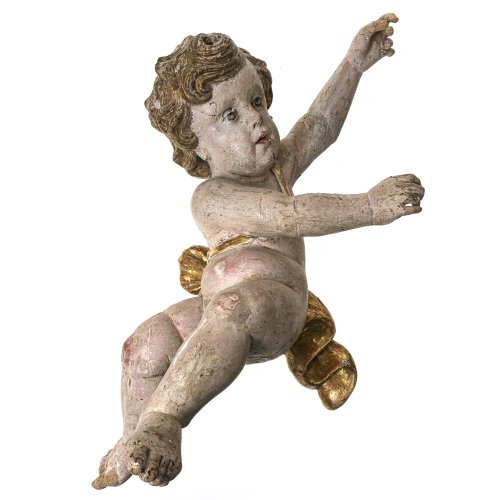 Schwebende Engel. Italien, 18. Jh. Lindenholz, vollplastisch geschnitzt. Übergangene Inkarnat- und Goldfassung. Mit Glasaugen. H. ca. 75 cm. Besch., rep., teilw. Ergänzungen.