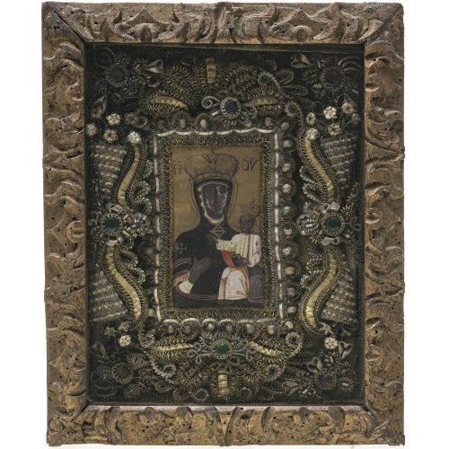 Klosterarbeit. Böhmen, 19. Jh. Darstellung der Schwarzen Madonna von Alt Brünn. 21 x 16 cm. Alterungsspuren.