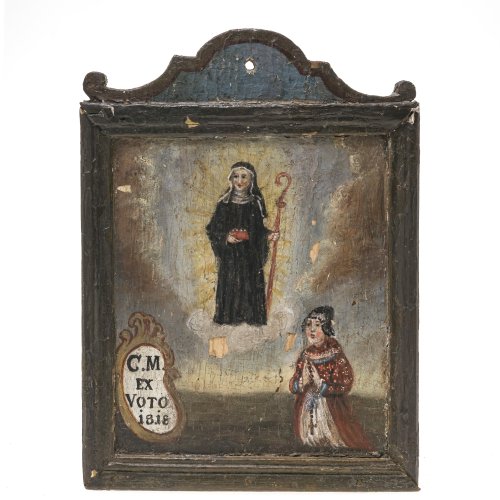 Süddt., dat. 1816. Ex-Voto. Anbetung der Heiligen Ottilia. Tempera/Holz. 25 x 18,5 cm. Alterungsspuren und Farbabsplitterungen.