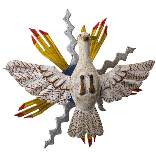 Heilig-Geist-Taube. Süddt., 19. Jh. Holz, übergangene Farbfassung. Taube 19,5 x 26,5 cm, Strahlenkranz 25,5 x 27,5 cm. Besch.