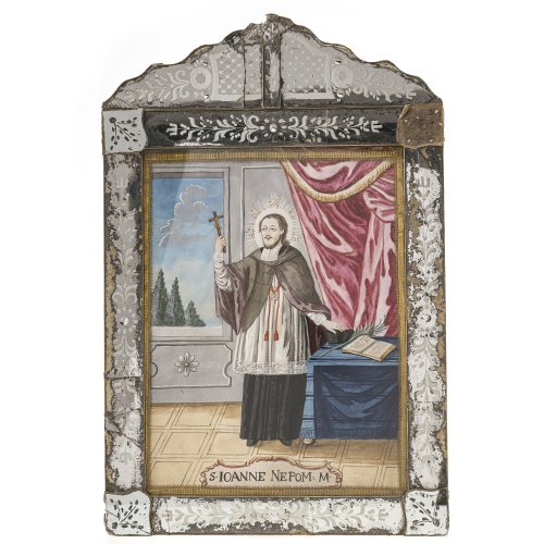 Süddt., 19. Jh. Darstellung des Heiligen Nepomuk. Gouache/Papier. Rahmen mit geschliffenen Spiegelglasauflagen, besch. 34 x 25,5 cm Blattmaß 51 x 33,5 cm Rahmenaußenmaß.