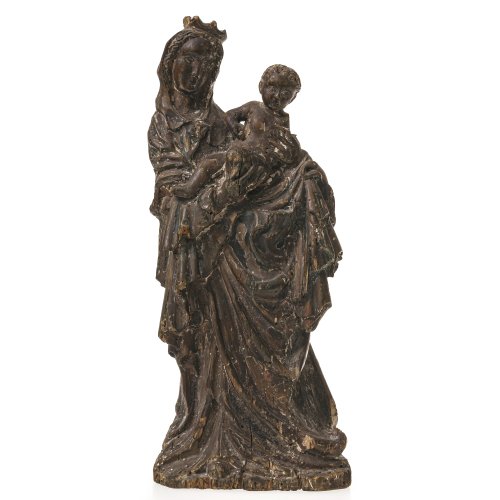 18. Jh., Böhmen, wohl Prag. Madonnenfigur, Holz, geschnitzt. Reste der übergangenen Farbfassung. H. 33 cm. Besch.