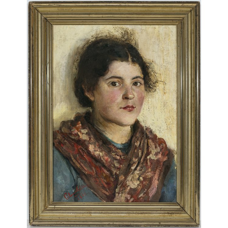Müller, Clara. Porträt eines jungen Mädchens. Öl/Lw. 54 x 37 cm. Sign., dat. 1886 Hauptbild zu Objekt, Müller, Clara. Porträt eines jungen Mädchens. Öl/Lw. 54 x 37 cm. Sign., dat. 1886, Clara Müller,