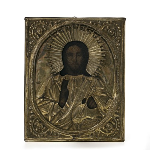 Ikone. Russland, 19. Jh. Christus Pantokrator. Metalloklad. 22 x 17,5 cm. Alterungsspuren.