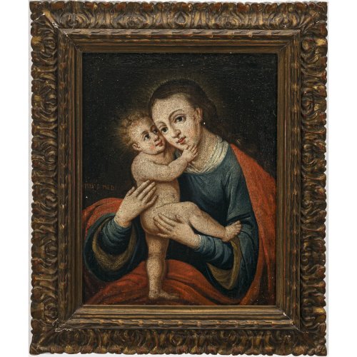 Italien, 17./18. Jh. Maria mit Kind. Öl/Lw./Hartfaser. Alterunsspuren, rest.