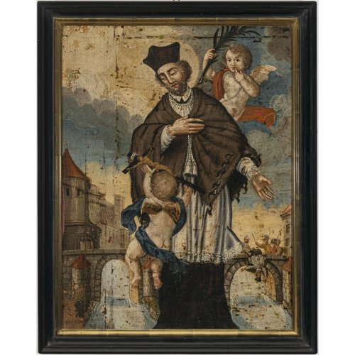 Italien, 18. Jh. Hl. Johannes von Nepomuk. Öl/Lw./Pressspanplatte. 55 x 41 cm. Besch., rest.