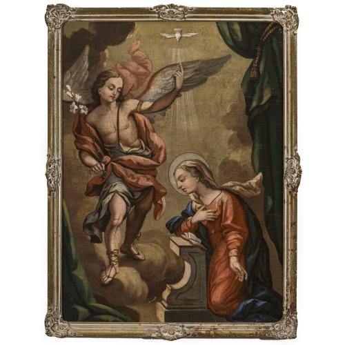 Italien, 18. Jh. Verkündigung Mariä. Öl/Lw./Hartfaser. 79 x 58 cm.  Alterungsspuren, rest.