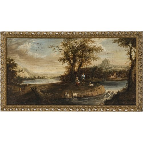 Italien. Arkadische Flusslandschaft mit Hirten und Ziegen. Öl/Lw. 39 x 75 cm. Besch., rest. Unsign.