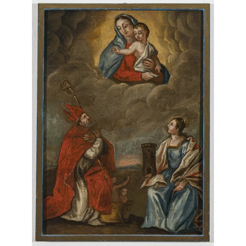 Italien. Hl. Barabara und hl. Nikolaus, im Himmel Erscheinung der Gottesmutter mit Kind. Öl/Lw./Holz. 53,5 x 37,5 c. Rest.