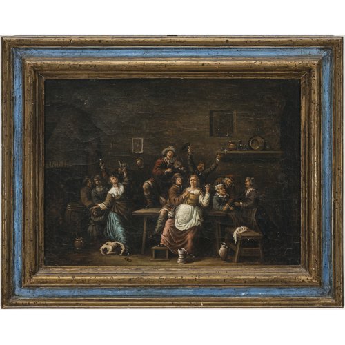 Niederlande. Fröhliche Gesellschaft in der Schenke. Öl/Lw. 30 x 40 cm. Besch. (Craquelé).