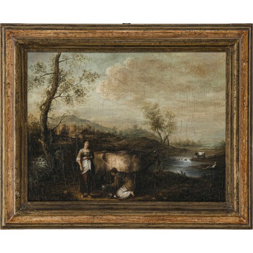 Niederlande. Zwei Mägde mit Kuh vor Flusslandschaft. Öl/Lw. 35 x 45 cm. Starkes Craquelé, besch., rest. Unsign.