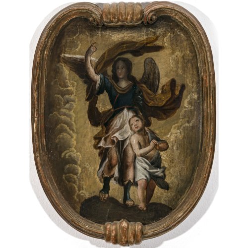 Süddeutsch, 18. Jh. Tobias mit dem Engel in geschnitzter Rahmenkartusche. Öl/Holz. 87 x 67 cm. Rest.