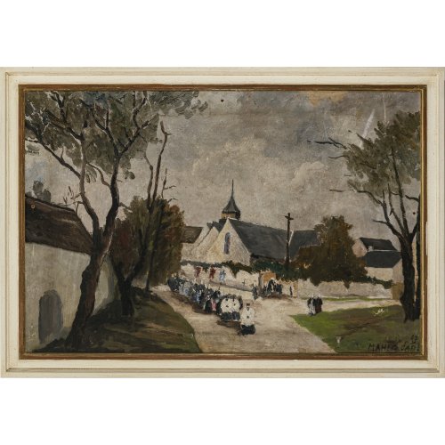 Sadi, Maheo. Prozession in einer ländlichen Ortschaft. Öl/Hartfaser. 54 x 81 cm. Besch. (Bohrlöcher). Sign.