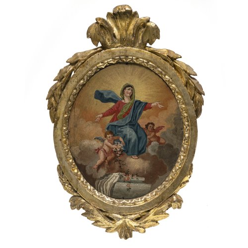 Maria auf Wolken in geschnitzter Rahmenkartusche. Italien. Tempera/Holz, Rahmen mit Lüsterfassung. 57 x 39 cm. Besch., rest.