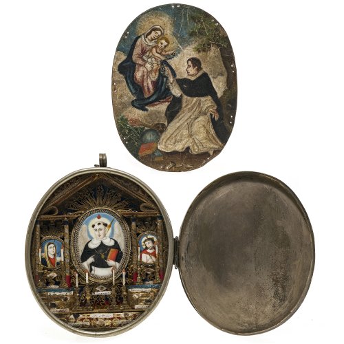 Reliquienkapsel mit hl. Vincent Ferrer und Krüllarbeit und Andachtsbild mit hl. Dominikus. Alterungsspuren bzw. Kratzspuren. 13 x 11 cm bzw. 15,5 x 11,5 cm.