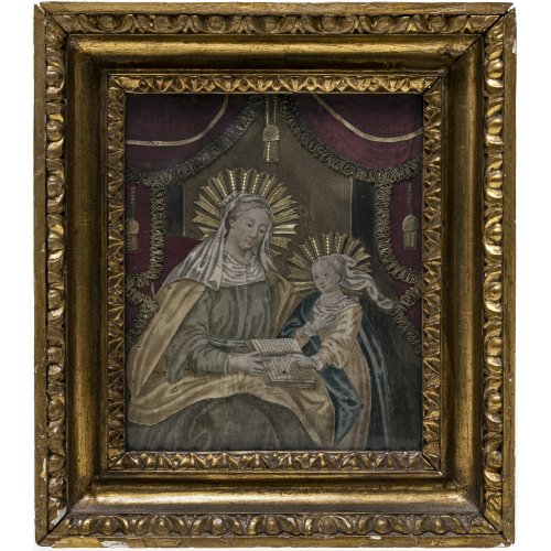Spickelbild. Maria lehrt Anna das Lesen. Süddeutschland oder Österreich. Leicht fleckig. 18 x 15 cm.