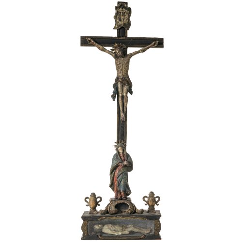 Standkreuz mit Grab Christi. Holz, Farbfassung. Besch., Blumen der Altarvasen fehlen. H. 54 cm.