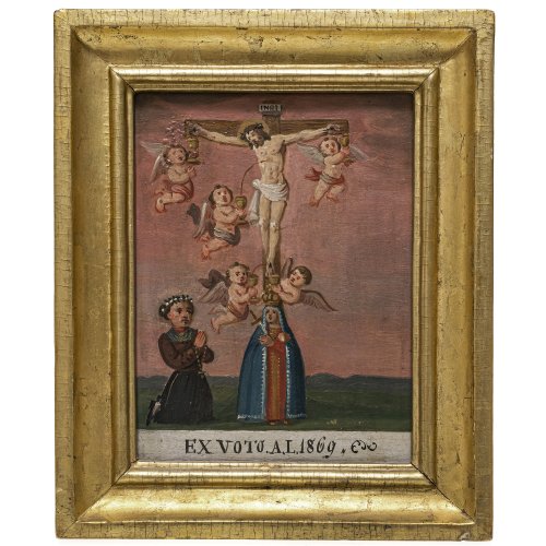 Votivtafel. Christus am Kreuz, von Putten umgeben, ein Votant. 19 x 14 cm.
