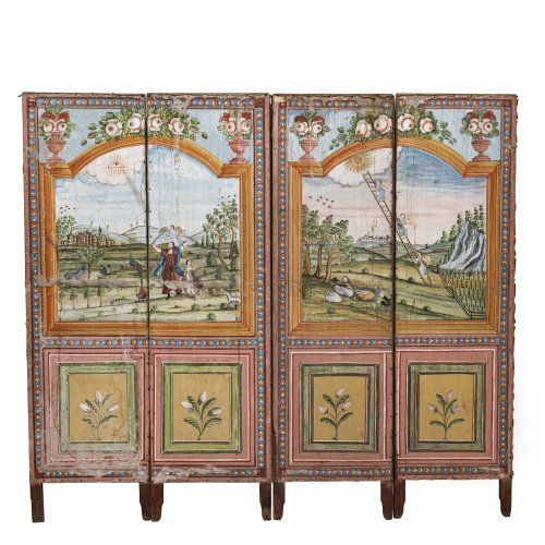 Paravent, 4-teilig. Tempera/Lw. Landschaft mit Opferung Isaaks und Traumvision des Jakob. 165,5 x 186 cm. Besch., rep.