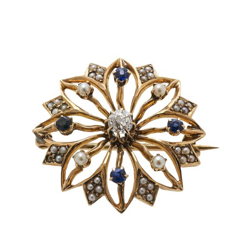 Brosche. Blütenrosette mit Diamant-, Saphir- und Perlenbesatz (eine fehlt). Gold