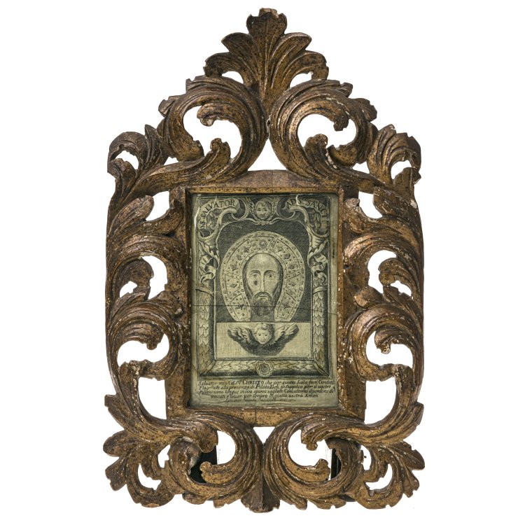 Blattrahmen. Holz, geschnitzt. Gröden. Besch., Glas gesprungen. Hauptbild zu Objekt, Blattrahmen. Holz, geschnitzt. Gröden. Besch., Glas gesprungen.,