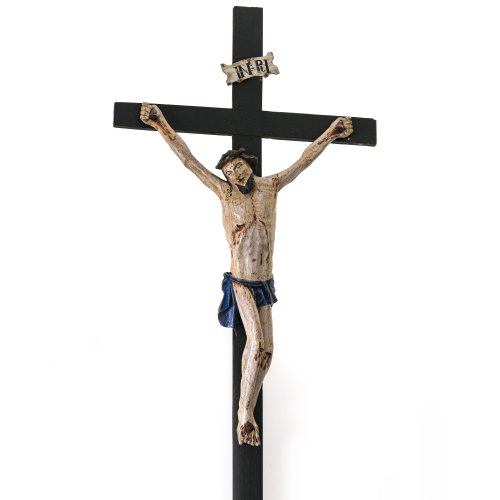 Christus am Kreuz. Oberammergau. Holz, Farbfassung. Min. besch. H. 69 cm.