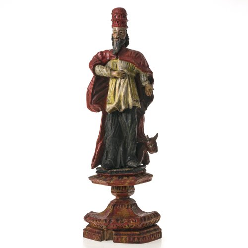 Hl. Papst Sylvester. Holz, übergangene Farbfassung. Süddeutsch. Leicht besch., min. rep. H. 37 cm.