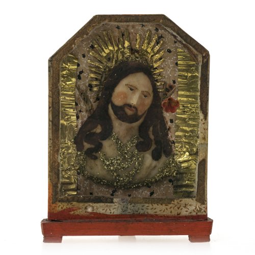 Büste Christi im Kästchen. Wachs, bossiert, Goldfolie. H. 19 cm.