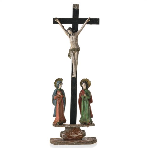 Kreuzigungsgruppe. Oberammergau. Holz, Farbfassung. Leicht besch., min. rep. H. 33 cm.