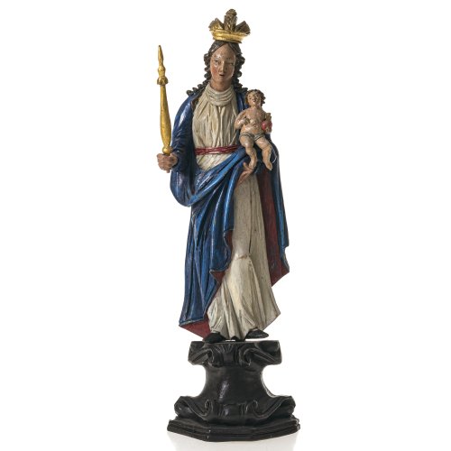 Maria mit Kind. Gröden. Holz, übergangene Farbfassung. H. 30,5 cm.