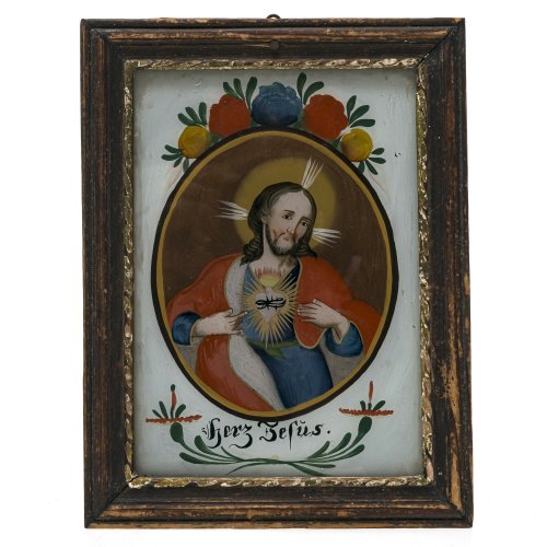 Hinterglasbild. Herz Jesu. Seehausen. Rahmen min. besch. 17,5 x 12 cm.
