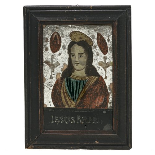 Spiegelglasbild. Jesus Amabi. Raimundsreut. Farbablösungen. 19 x 12,5 cm.
