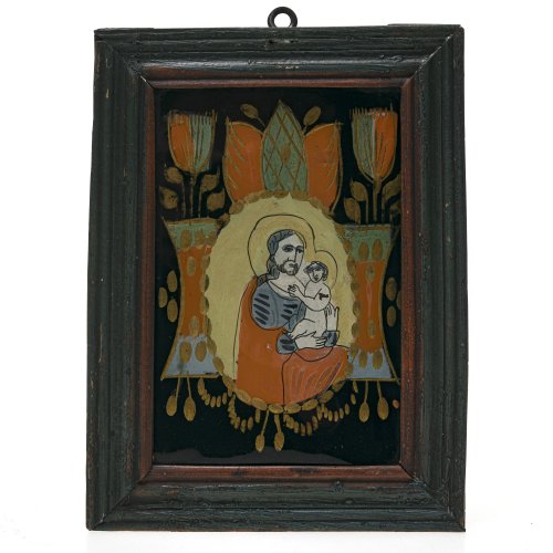 Hinterglasbild. Raimundsreut. Josef mit dem Jesuskind. Farbablösungen, rest. 19 x 12,5 cm.