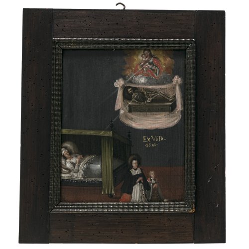 Votivtafel. Maria Hilf- und Personifizierung des Todes über Krankenbett. Tempera/Holz. 28 x 23 cm. Rahmen leicht besch.