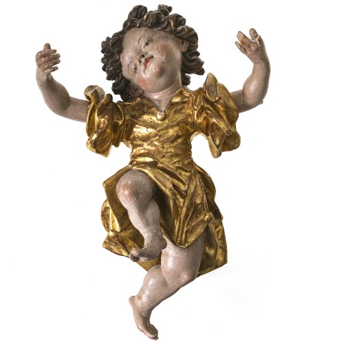 Putto, schwebend. Süddeutsch. Holz, Inkarnat- und Goldfassung. Besch., ein Arm lose, ein Finger fehlt, rep. H. 40 cm.