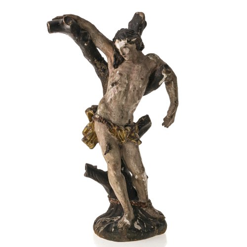 Hl. Sebastian. Süddeutsch. Holz, Farbfassung. Zwei Pfeile fehlen, Fassung besch. H. 32 cm.