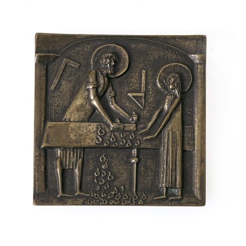 Reidel, Karl. Plakette. Christus als Zimmermann. Bronze, 8 x 8 cm. Sign.