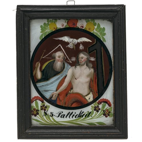 Hinterglasbild. Hl. Dreifaltigkeit. Oberammergau. Rahmen erg., beschnitten. 22 x 17 cm.