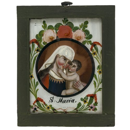 Hinterglasbild. Maria mit dem Jesuskind. Oberammergau. Tempera/Glas. Glas mit leichter Kratzspur. 22,5 x 17 cm.