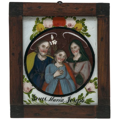 Hinterglasbild. Jesus, Maria und Joseph. Oberammergau. Tempera/Glas. Glas mit leichter Kratzspur, Rahmen rest. 22 x 18,5 cm.