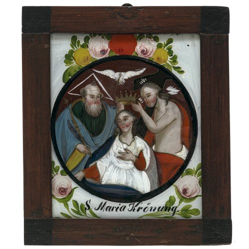 Hinterglasbild. Krönung Mariä. Oberammergau. Rahmen rest. 22 x 18 cm.