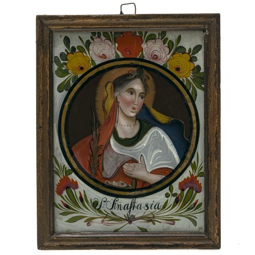 Hinterglasbild. Hl. Anastasia. Oberammergau. 23 x 17 cm.