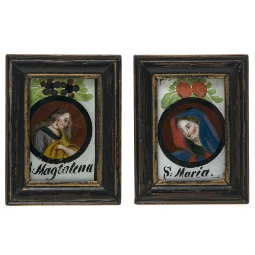 Zwei Hinterglasbilder. Hl. Maria und hl. Maria Magdalena. Oberammergau. Farbablösungen, Rahmen erg. Je 9 x 6 cm.