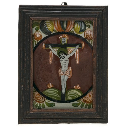 Hinterglasbild. Christus am Kreuz. Raimundsreut. 18,5 x 12,5 cm.