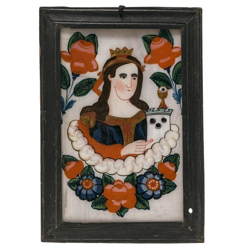 Hinterglasbild. Hl. Barbara. Sandl./Buchers. Rahmen rep. 29,5 x 19 cm.