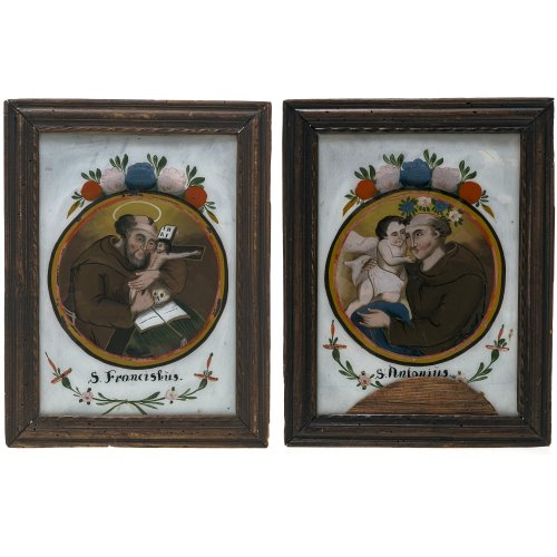 Zwei Hinterglasbilder. Hl. Franziskus und hl. Antonius. Seehausen. Ein Glas besch., eine Rückwand erg. Je 24 x 17 cm.