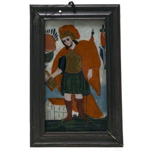 Hinterglasbild. Hl. Florian. Sandl/Buchers. 28,5 x 15,5 cm. Farbablösungen, Glas beschnitten, Rahmen besch., Rückwand fehlt.